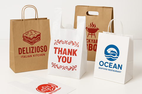 Custom-printed restaurant takeout bags for food delivery and carryout orders. Durable plastic or paper options with your logo or design. Same-day pickup in Minneapolis or fast nationwide shipping.