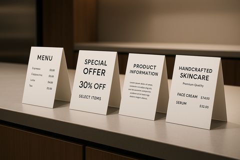 Custom counter cards. Perfect for retail counters, event tables, and trade show booths.