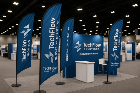 Feather flags for a tradeshow (branded with a random company and not generic)