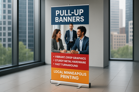 Premium retractable banners printed locally in Minneapolis with fast turnaround. Durable hardware and vibrant graphics for professional displays.  Don't make it look like a stock image with latin

