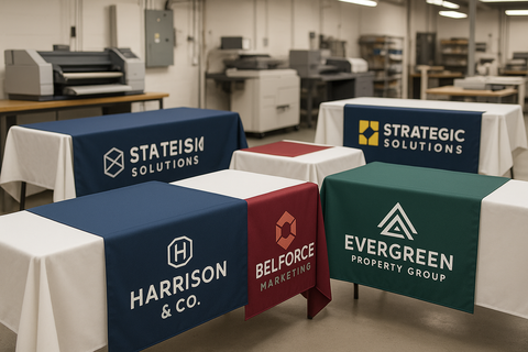 Table Runners branded by a real company from a local print shop