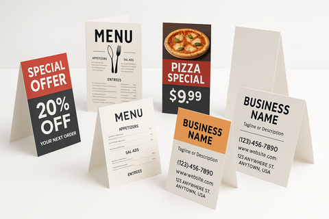 Table Tents from a local print shop with a white background
