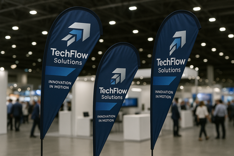 Teardrop flags for a tradeshow (branded with a random company and not generic)