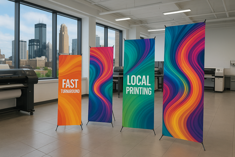X banner stands printed locally in Minneapolis with fast turnaround. Lightweight, portable, and perfect for events and retail displays. don't make it look stock or use latin